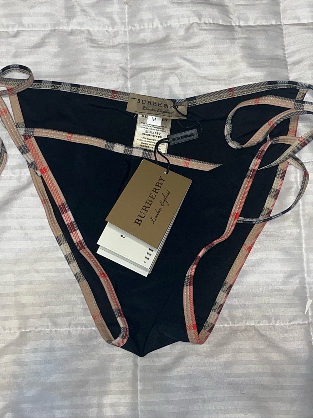 Burberry Plaid Trim Logo Black Triangle Halter Tie Side Bikini Set Size M NEW - Picture 2 of 9